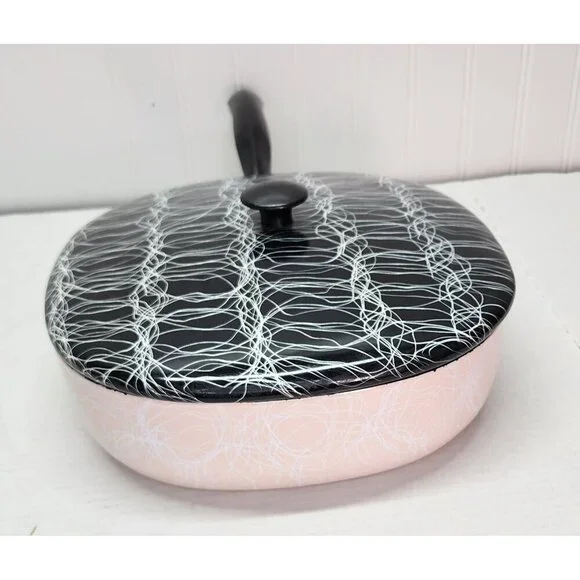 1950's Vintage Serendipity Spaghetti String Pink & Black Abstract Enamel Skillet - Picture 2 of 16